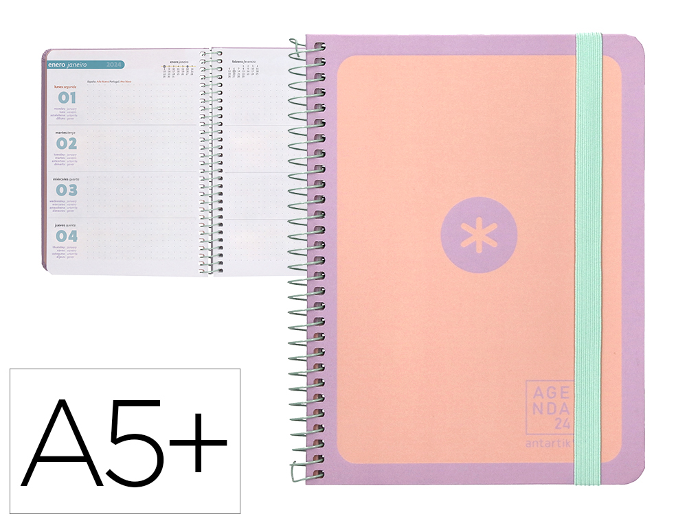 AGENDA DE OFICINA ANTARTIK 2024 SEMANA VISTA 80 GR CON SOBRE Y 3 HOJAS PEGATINAS PEACH 165X215 MM