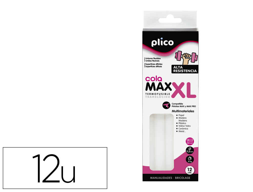 Barra termofusible plico cola extrafuerte max xl 11,5 mm de diametro x 200 mm de alto blister de 12 unidades