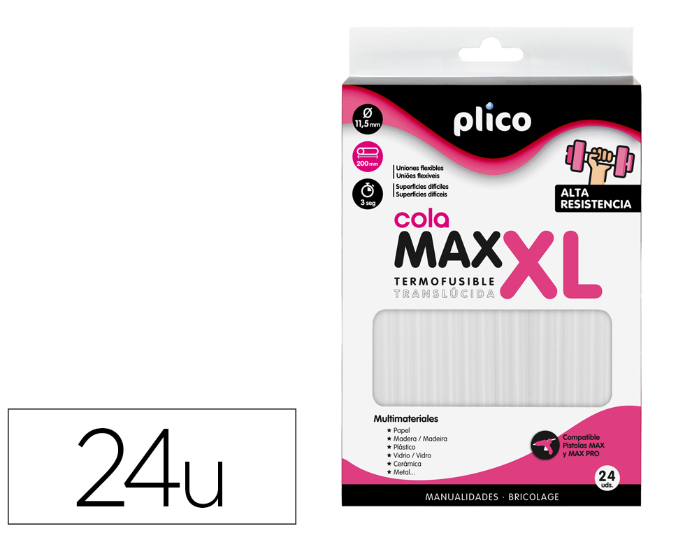 Barra termofusible plico cola extrafuerte max xl 11,5 mm de diametro x 200 mm de alto blister de 24 unidades