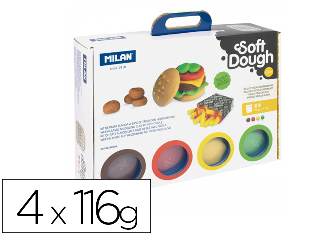 Pasta milan para modelar soft dough casa de las hamburguesas con herramientas maletin con 4 botes colores