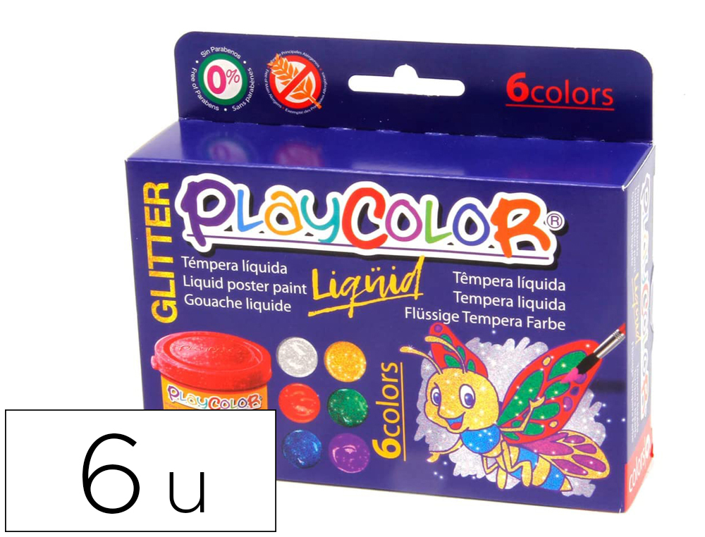 Tempera liquida playcolor liquid glitter 40 ml caja de 6 unidades colores surtidos