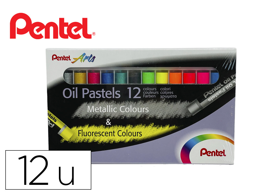 Lapices pentel oil pastel caja de 6 colores metalicos y 6 colores fluorescente