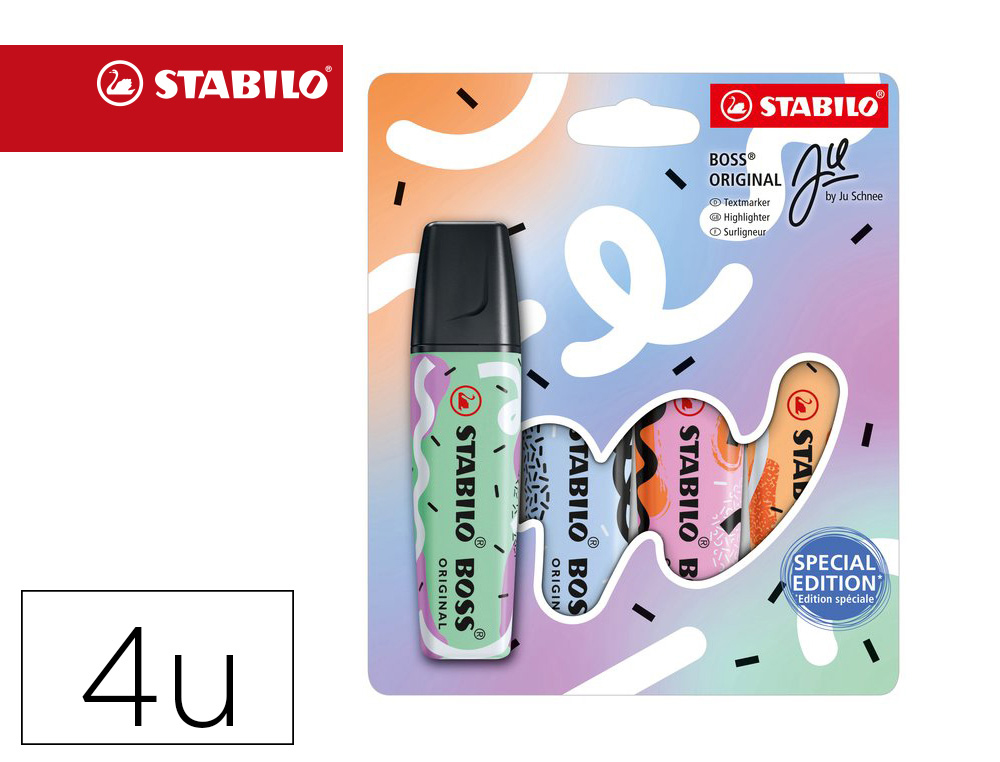 Rotulador stabilo boss fluorescente original pastel by ju schnee estuche de 4 colores surtidos