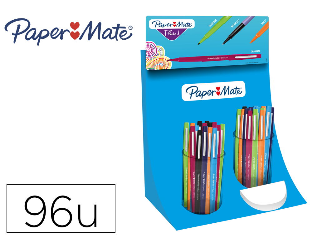 Rotulador paper mate flair punta de fibra expositor de 96 unidades colores surtidos