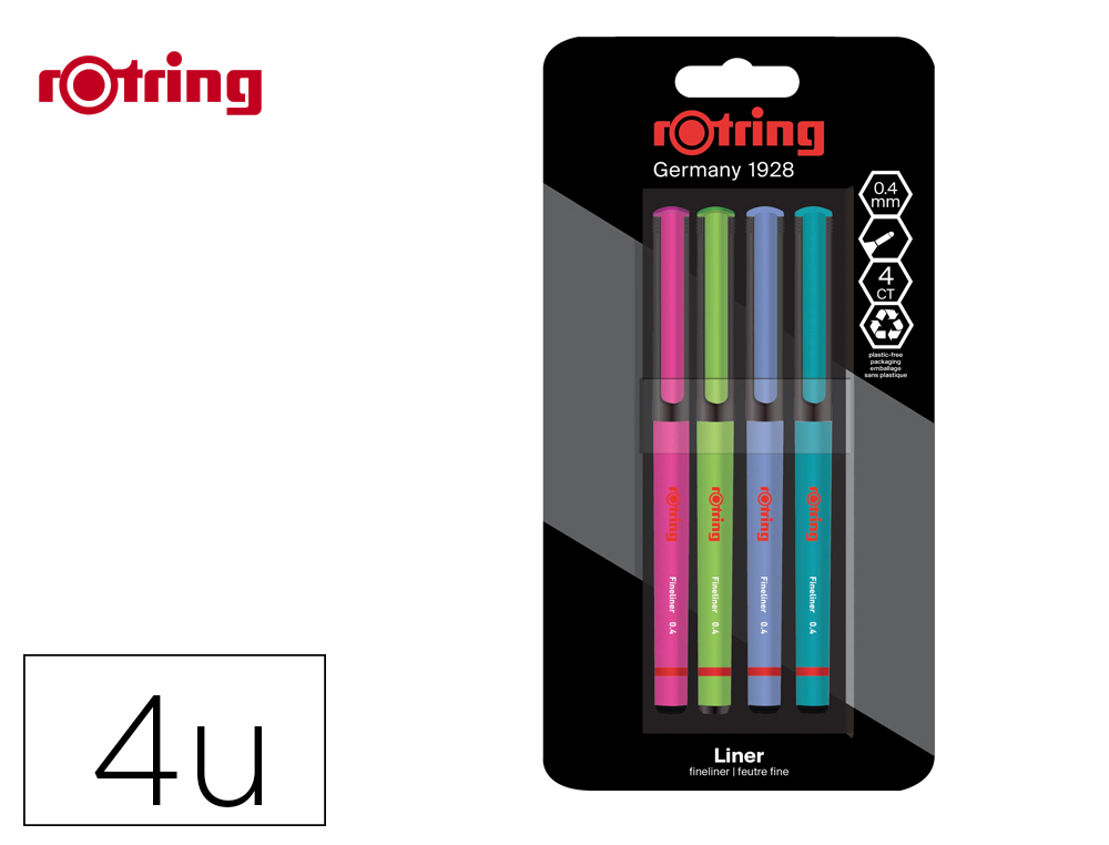 Rotulador rotring fineliner punta metalica 0,4 mm pack de 4 colores surtidos