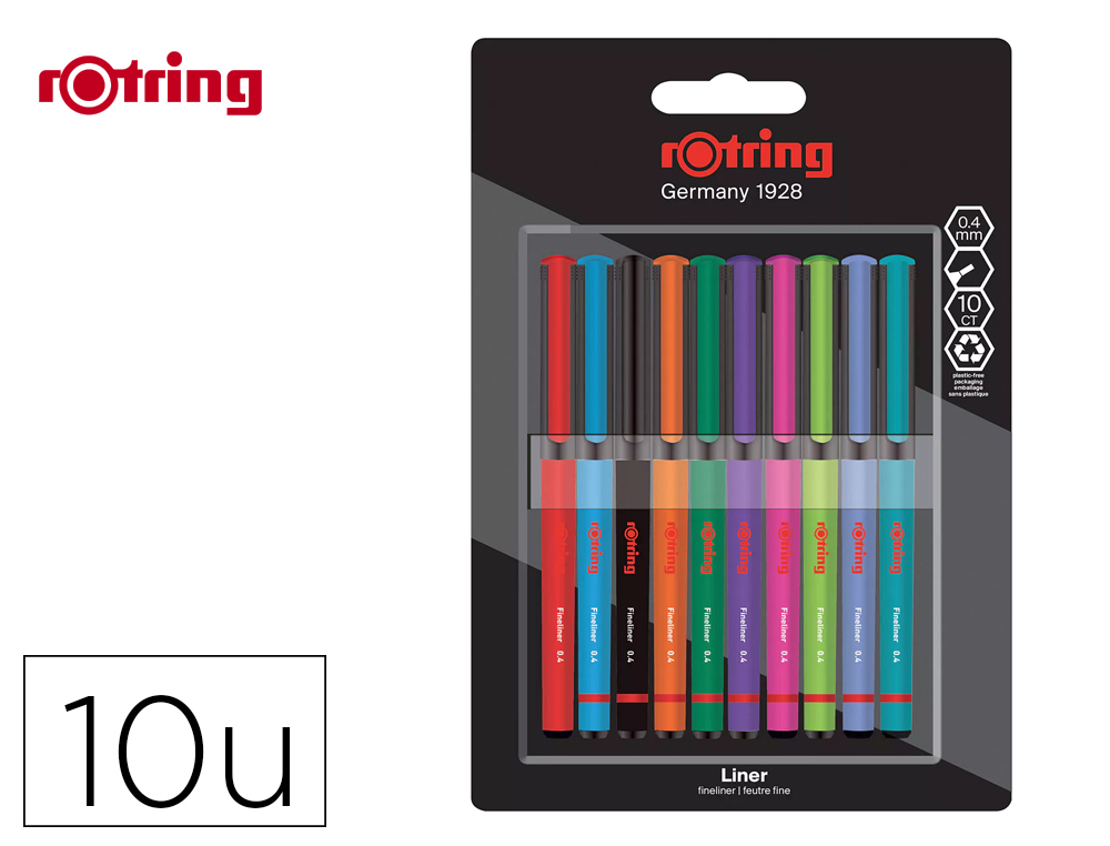 Rotulador rotring fineliner punta metalica 0,4 mm pack de 10 colores surtidos