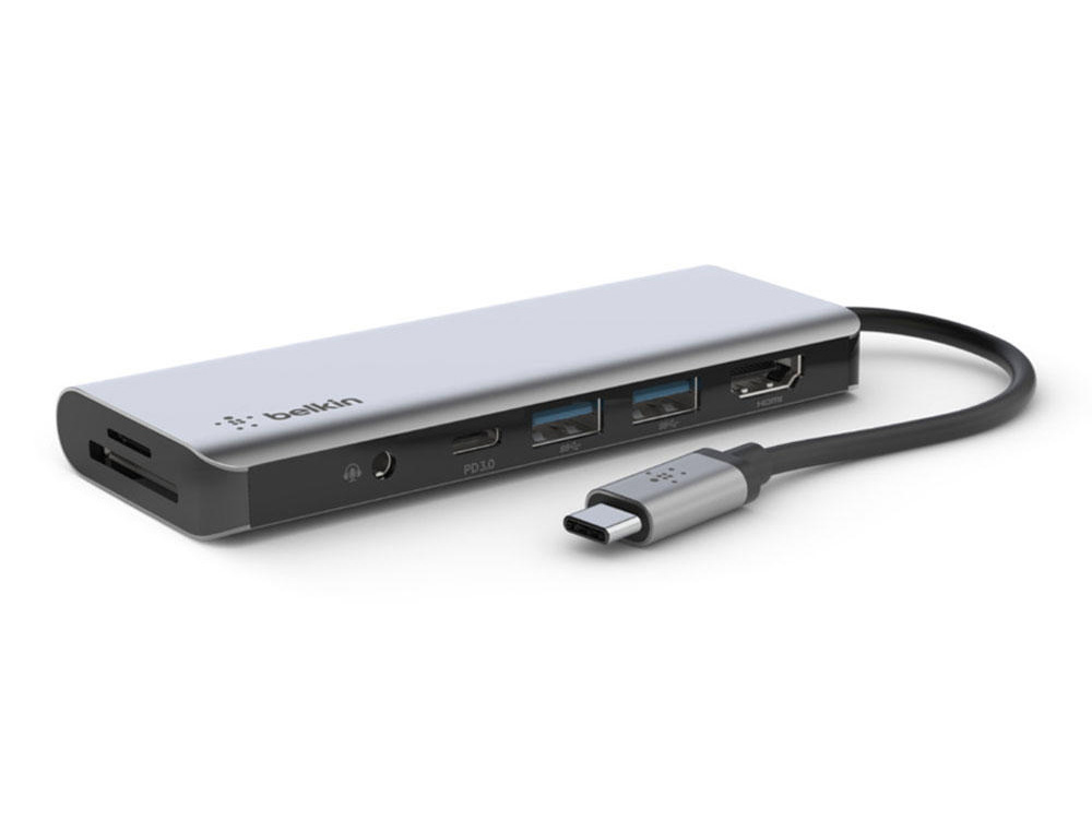 Adaptador belkin avc009btsgy hub usb-c 7 en 1 sd micro sd audio 2 x usb hdmi usb-c carga 100w