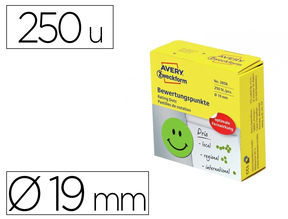 Etiqueta adhesiva avery smile verde sonriente 19 mm rollo de 250 unidades