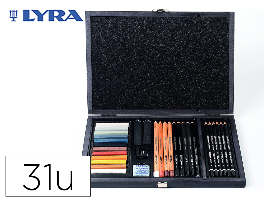 Set dibujo lyra estuche de madera con 31 piezas surtidas