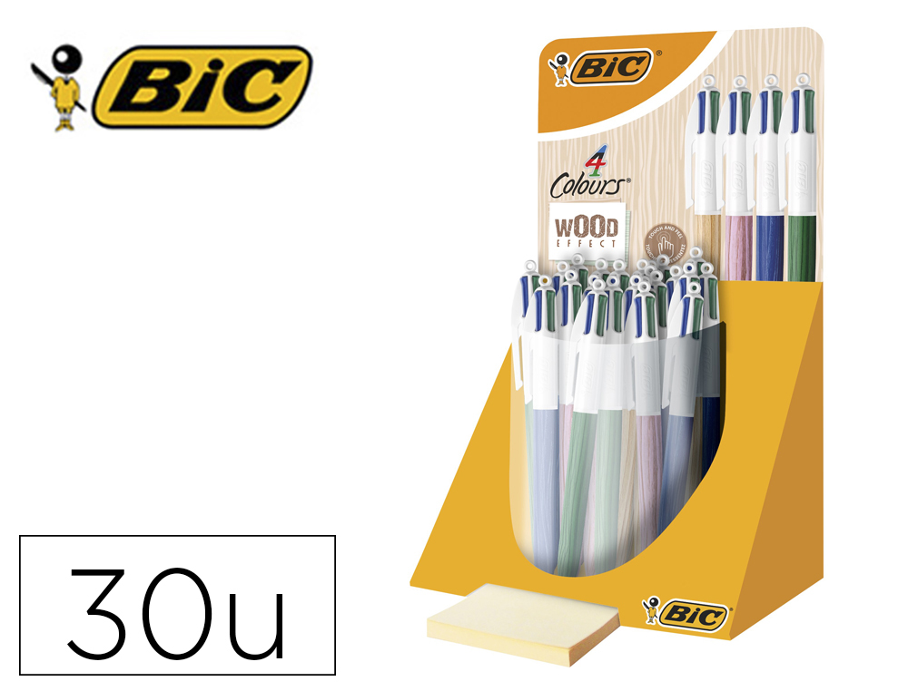 Boligrafo bic cuatro colores wood expositor de 30 unidades colores surtidos