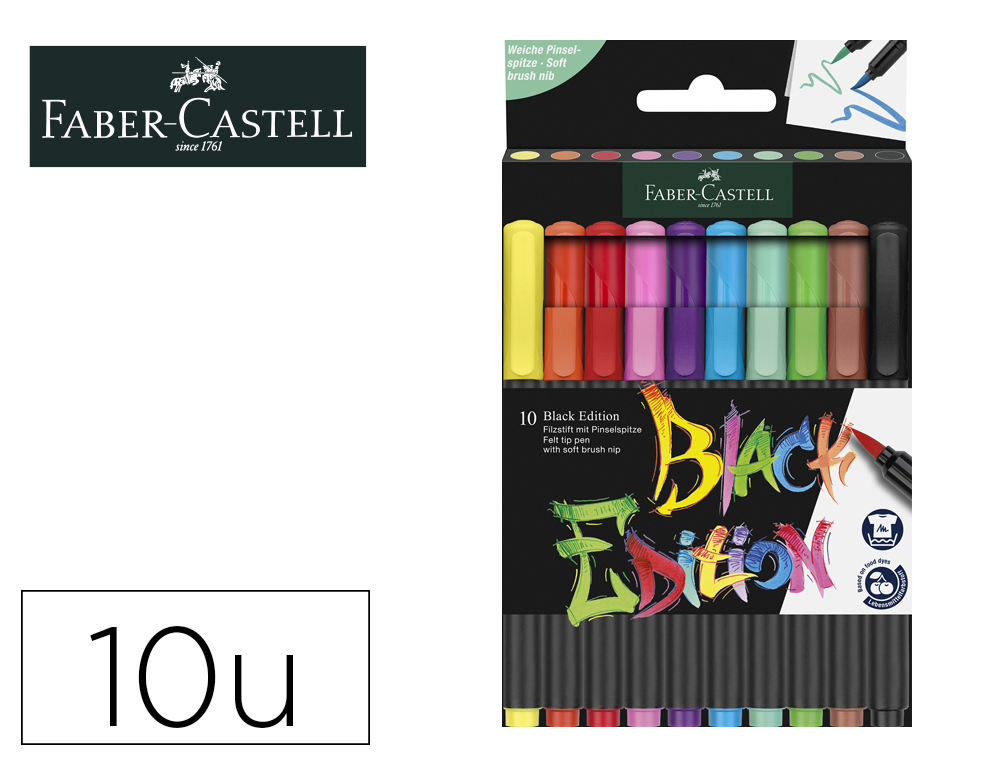 ROTULADOR FABER CASTELL EDICION BLACK PUNTA DE PINCEL CAJA DE 10 UNIDADES  COLORES SURTIDOS