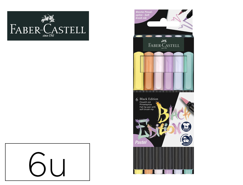 ROTULADOR FABER CASTELL EDICION BLACK PUNTA DE PINCEL PASTEL CAJA DE 6  UNIDADES COLORES SURTIDOS