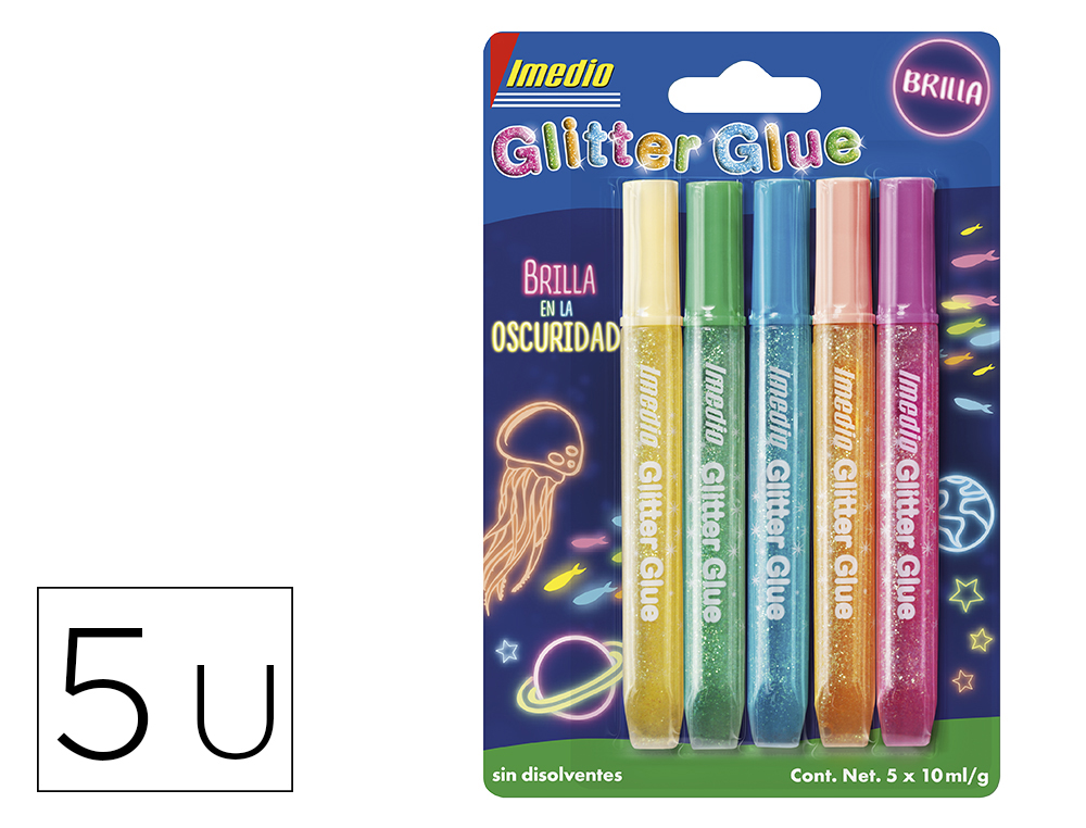 SIMPLIFICANDO, S.L. - OFICINAS  PEGAMENTO IMEDIO GLITTER GLUE BRILLA EN LA  OSCURIDAD PARA MANUALIDADES 10 ML BLISTER DE 5 UNIDADES COLORES SURTIDOS