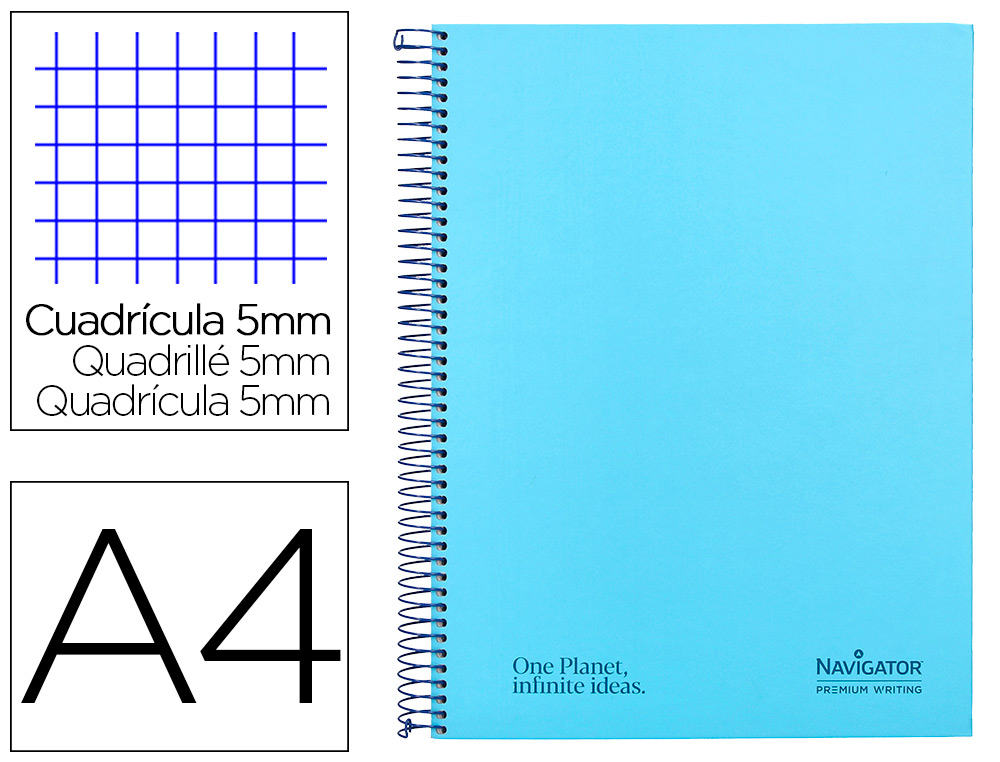 CUADERNO ESPIRAL NAVIGATOR A4 MICRO A4 TAPA FORRADA 120H 80GR CUADRO 5MM 5 BANDAS 4 TALADROS COLOR CELESTE