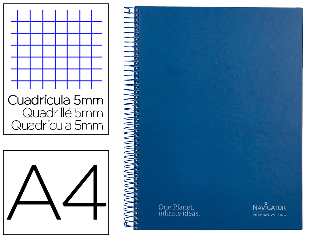 CUADERNO ESPIRAL NAVIGATOR A4 MICRO A4 TAPA FORRADA 120H 80GR CUADRO 5MM 5 BANDAS 4 TALADROS COLOR AZUL MARINO