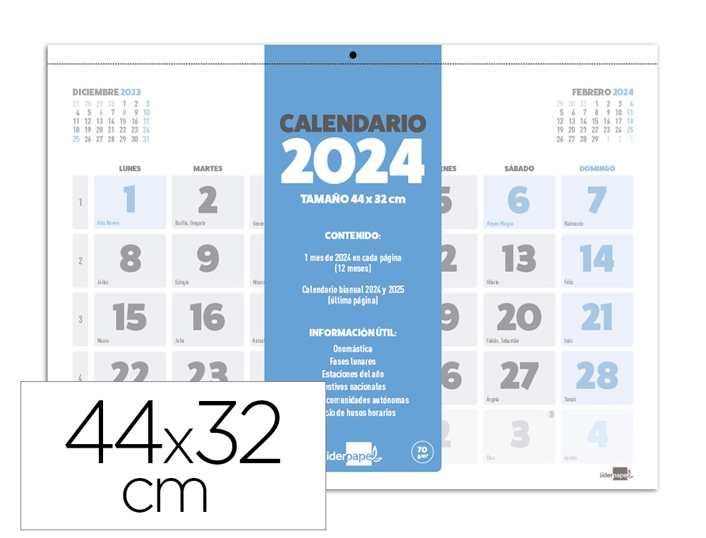 CALENDARIO PARED LIDERPAPEL CLASICO 2024 LOMO ENGOMADO 44X32 CM PAPEL 70 G.