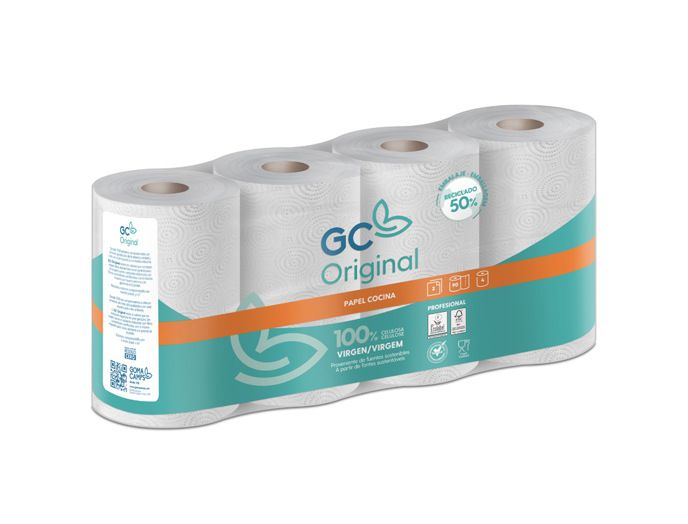 Papel de cocina goma camps 2 capas 90 servicios 224 mm x 21,6 m 21,5 g/m2 paquete de 4 rollos