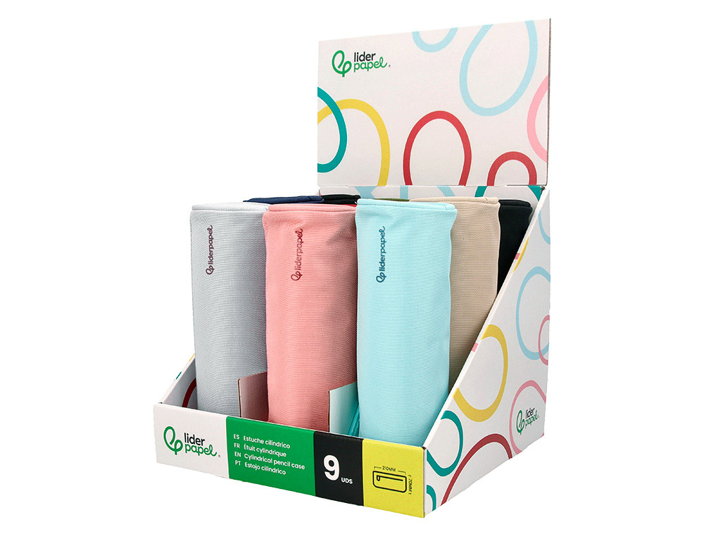 ESTOJO ESCOLAR LIDERPAPEL CLASSIC CILINDRICO LARGO 210X70 MM EXPOSITOR CORES SORTIDAS 9 UNIDADES