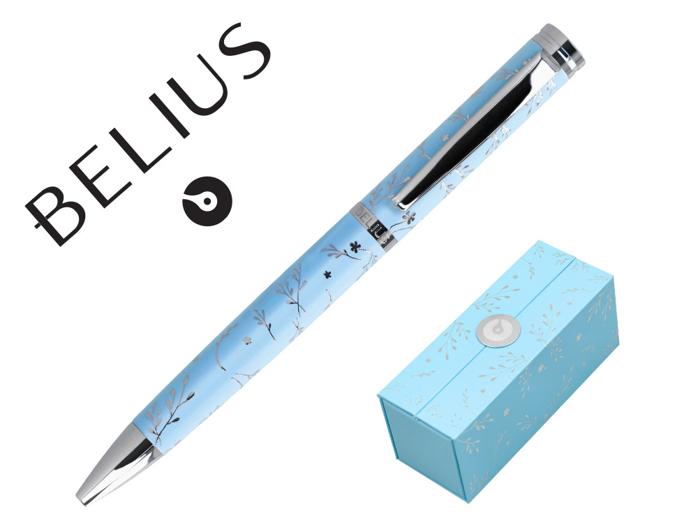 BOLIGRAFO BELIUS BELLA ALUMINIO COLOR AZUL CELESTE DISEO PLATEADO RELIEVE TINTA AZUL CAJA DE DISEO