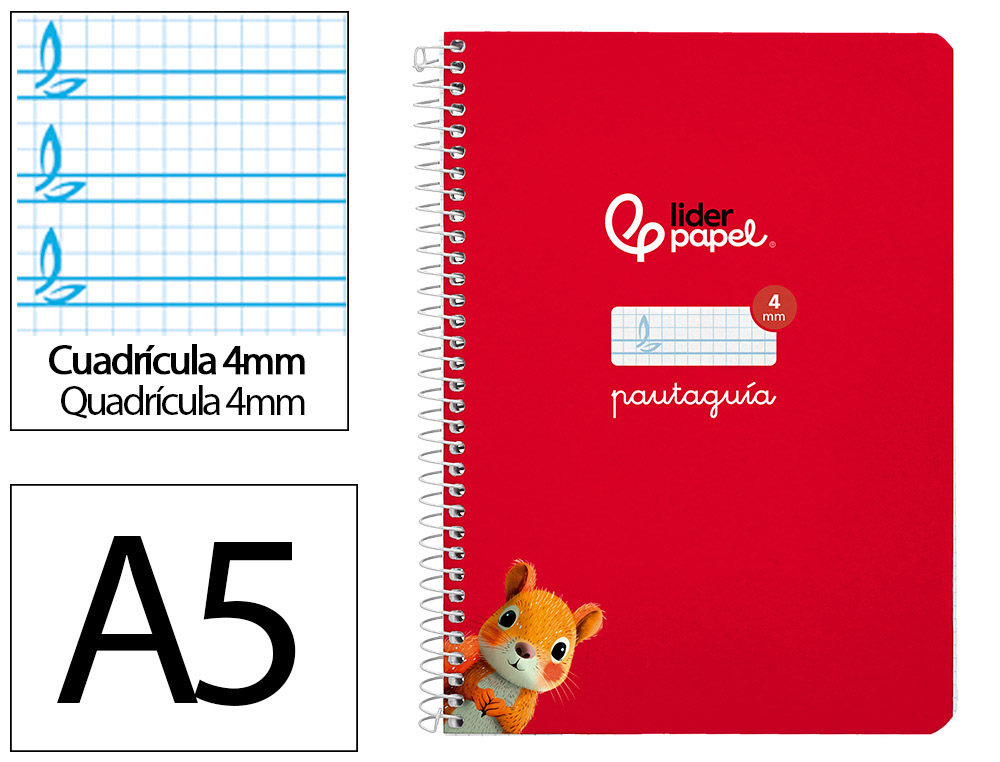 CUADERNO ESPIRAL LIDERPAPEL A5 PAUTAGUIA TAPA DURA 80H 90 GR CUADRO PAUTADO 4MM COLOR ROJO