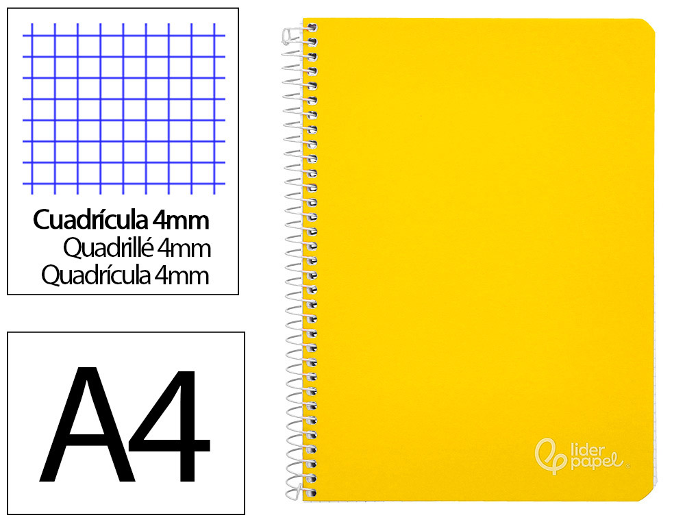 CUADERNO ESPIRAL LIDERPAPEL A4 WITTY TAPA DURA 80H 90GR CUADRO 4MM CON MARGEN COLOR AMARILLO