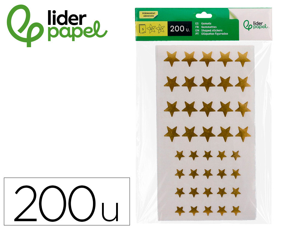 GOMETS LIDERPAPEL AUTOADHESIVO ESTRELLAS DORADAS SURTIDAS BOLSA DE 5 HOJAS CON 200 UNIDADES