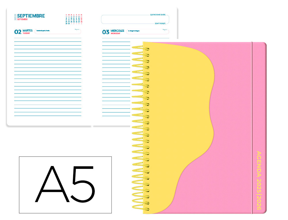 AGENDA ESCOLAR LIDERPAPEL 25-26 ESPIRAL WAVES ROSA DIA PAGINA A5 BILINGE PAPEL FSC 80 GR