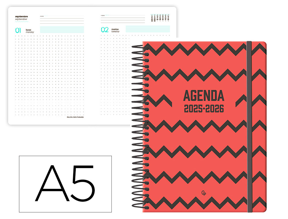 AGENDA ESCOLAR LIDERPAPEL 25-26 ESPIRAL PATTERNS ZIGZAG DIA PAGINA A5 BILINGE PAPEL FSC
