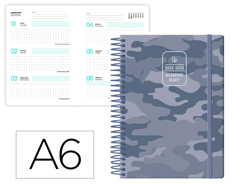 AGENDA ESCOLAR LIDERPAPEL 25-26 ESPIRAL PATTERNS MILITAR GRIS SEMANA VISTA A6 BILINGE PAPEL FSC 80 GR