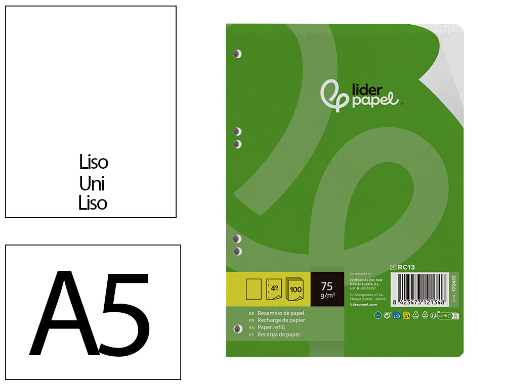 RECAMBIO LIDERPAPEL DIN A5 100 HOJAS 75 GR LISO SIN MARGEN 6 TALADROS