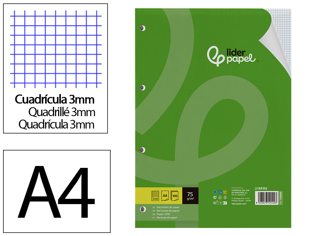 RECAMBIO LIDERPAPEL DIN A4 100 HOJAS 75 GR CUADRO 3 MM CON MARGEN 4 TALADROS
