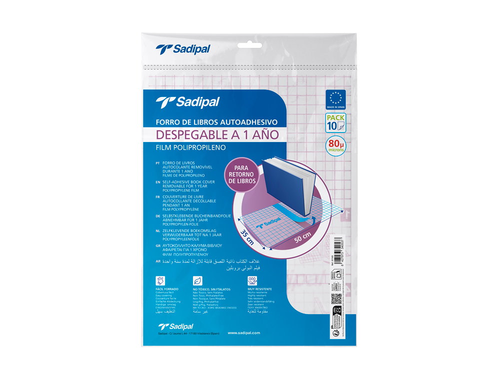FORRALLIBRE ADHESIU PER A LLIBRES SADIPAL DESPLEGABLE 1 ANY 80 MC 50X35 CM PACK DE 10 UNITATS