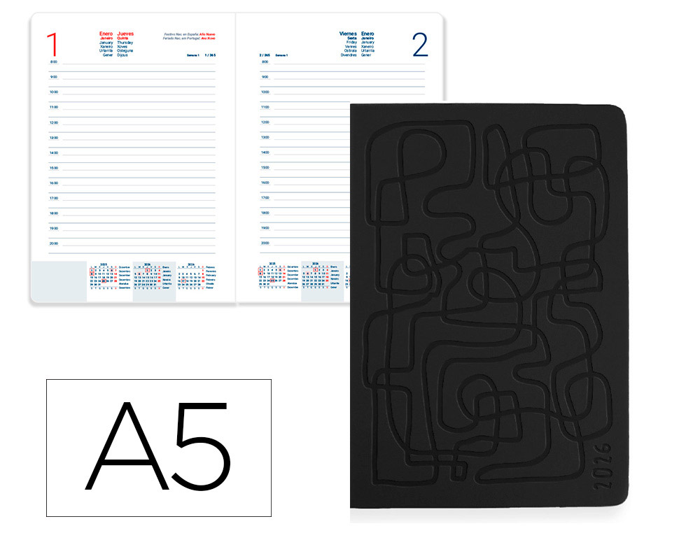 AGENDA ENCUADERNADA LIDERPAPEL ICARIA A5 2026 DIA PAGINA NEGRO PAPEL 70 GR FSC