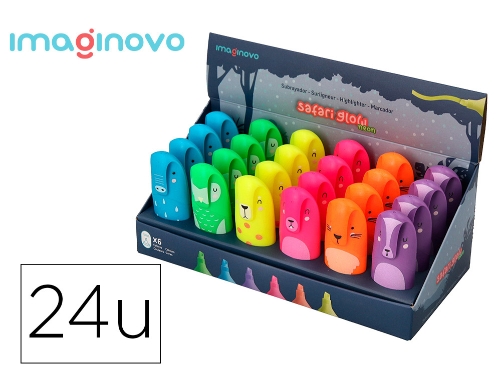ROTULADOR IMAGINOVO FLUORESCENTE SAFARI GLOW NEON ANIMALES Y CLIP EXPOSITOR DE 24 UNIDADES SURTIDAS