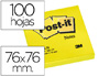BLOC DE NOTAS ADHESIVAS QUITA Y PON POST-IT 76X76 MM AMARILLO NEON CON 100 HOJAS