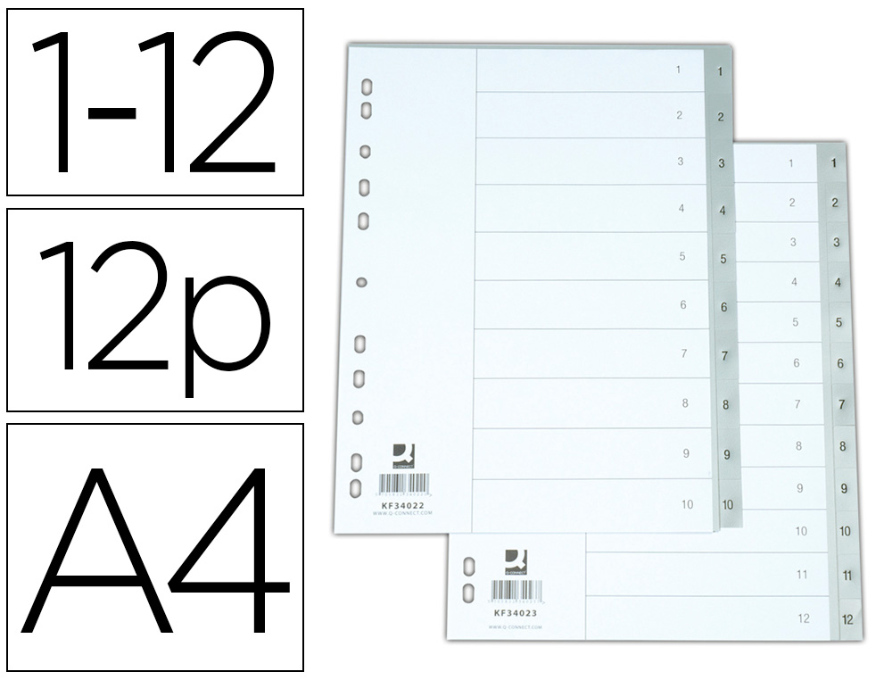 SEPARADOR NUMERICO Q-CONNECT PLASTICO 1-12 JUEGO DE 12 SEPARADORES DIN A4 MULTITALADRO