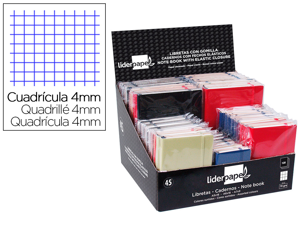 LIBRETA LIDERPAPEL SIMIL PIEL 120 HOJAS 70G/M2 CUADRO 4MM EXPOSITOR DE 45 UNIDADES COLORES SURTIDOS