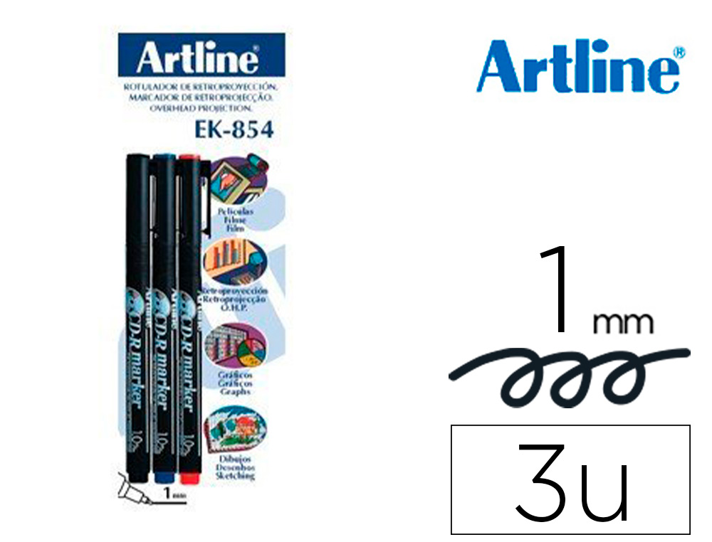 Rotulador artline retroproyeccion punta fibra permanente ek-854 1 mm -blister de 3 (1-ne 1-az 1-ro)