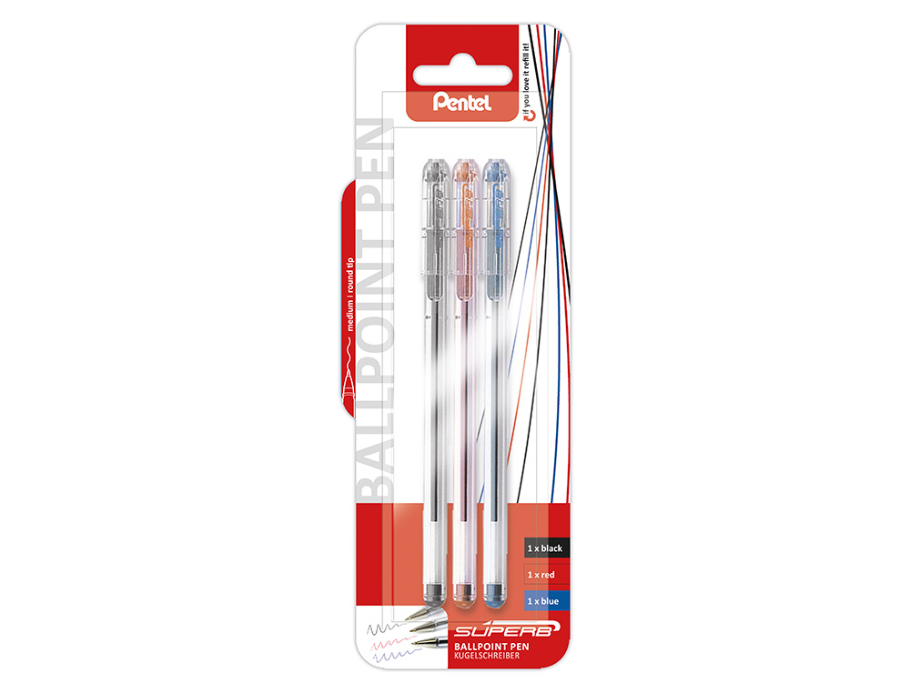 BLISTER ESFEROGRAFICA PENTEL BK77 3 UNIDADES - PRETO, AZUL E VERMELHO
