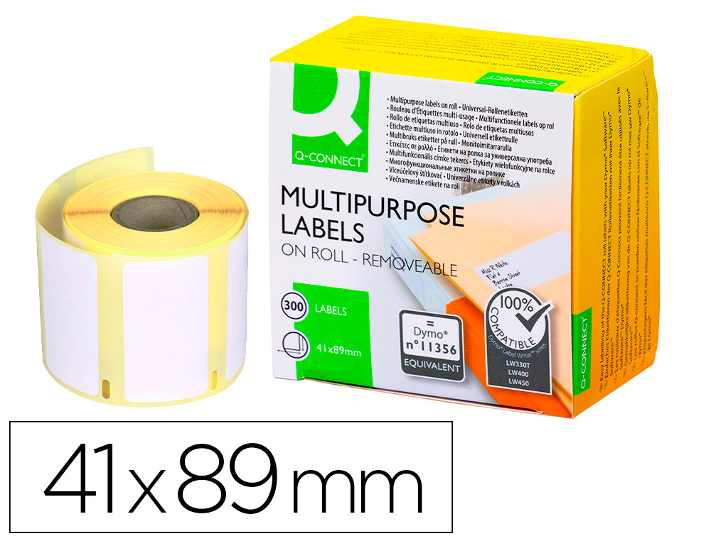 ETIQUETA ADHESIVA REMOVIBLE Q-CONNECT KF18535 COMPATIBLE DYMO 11356 TAMAO 41X89 MM CAJA CON 300 ETIQUETAS