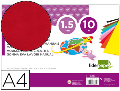 PAPELERIA DIEGO  GOMA EVA LIDERPAPEL DIN A4 60G/M2 ESPESOR 1,5MM ROJO  PAQUETE DE 10 HOJAS