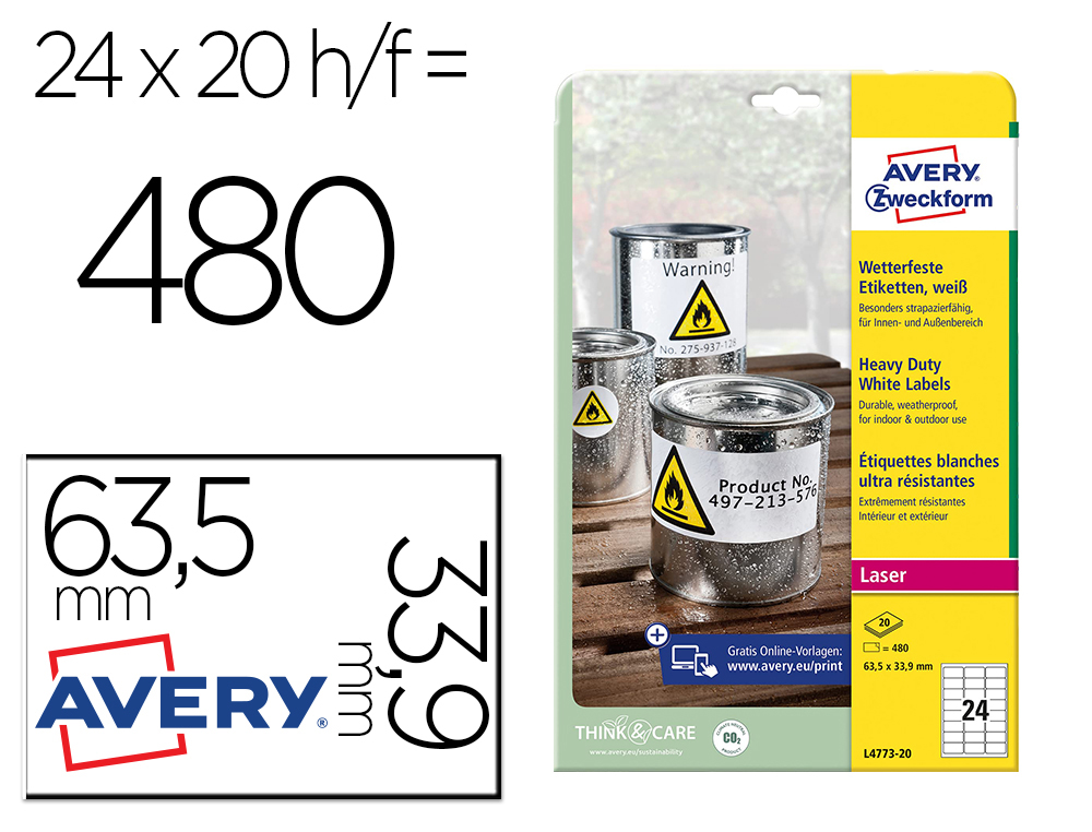 DM INNOVAEX  ETIQUETA ADHESIVA RESISTENTE AVERY POLIESTER BLANCO 3,9 MM  63,5X33,9 MM LASER PACK DE 480UNIDADES