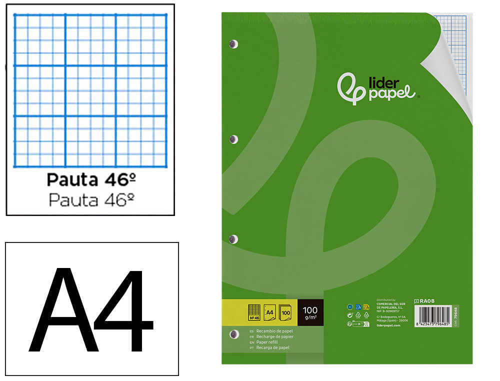 RECAMBIO LIDERPAPEL A4 100 HOJAS 100G/M2 RAYADO N 46 4 TALADROS