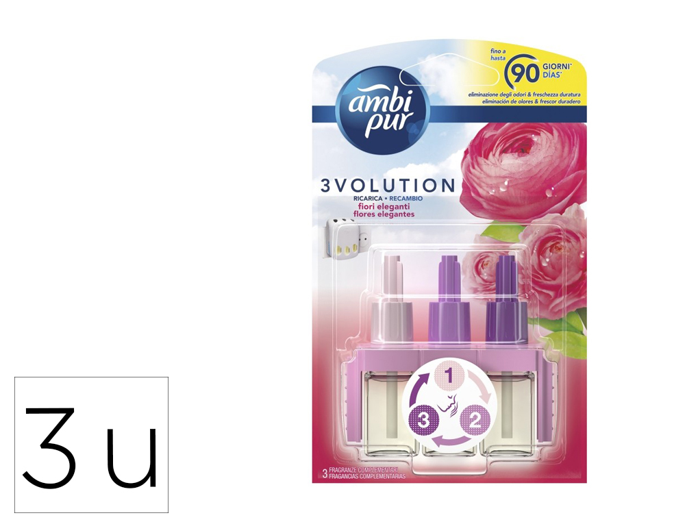 Sésamo Papelería Técnica - Librería  AMBIENTADOR AMBI PUR 3 VOLUTION  DELICADAS FLORES ROSA RECAMBIO 21 ML