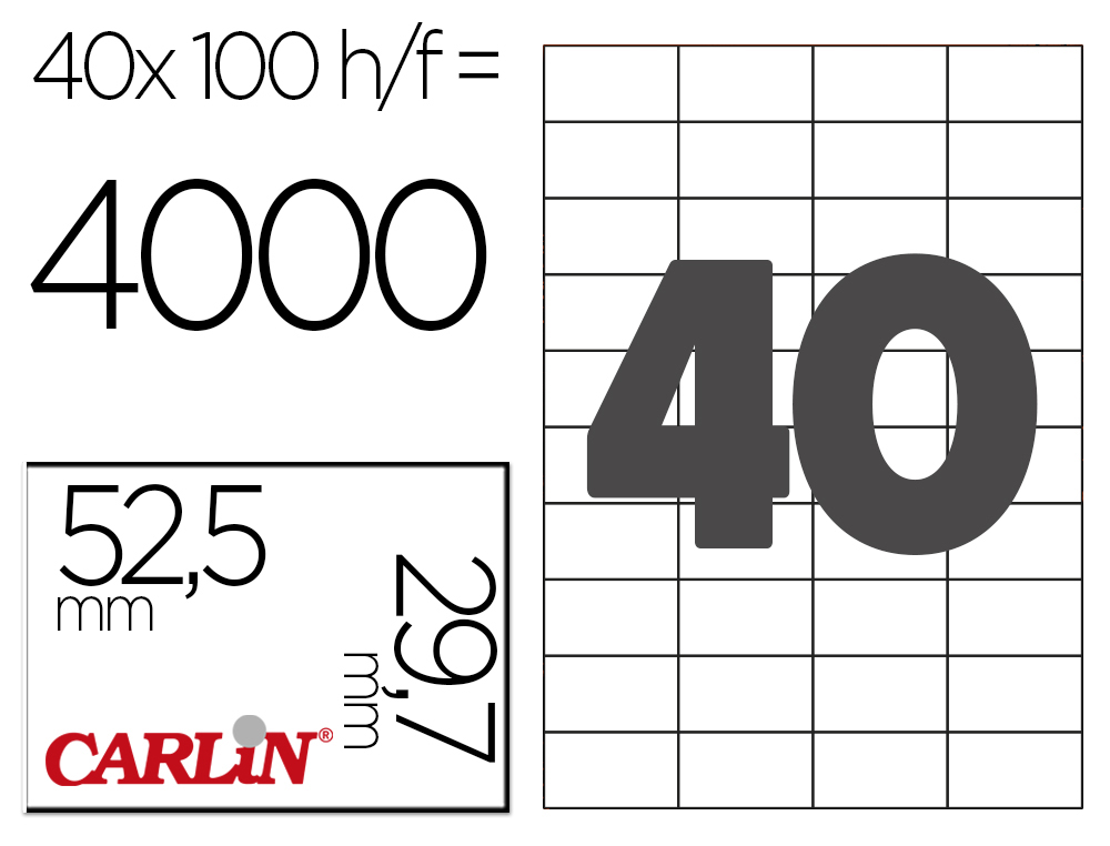 ETIQUETA ADESIVA CARLIN 52,5X29,7 MM FOTOCOPIADORA LASER INK-JET CAIXA DE 100 FOLHAS DIN A4