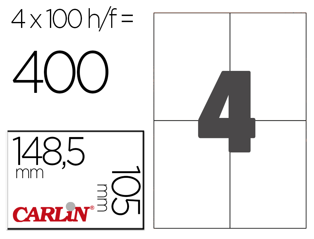 ETIQUETA ADESIVA CARLIN 105X148 MM FOTOCOPIADORA LASER INK-JET CAIXA DE 100 FOLHAS DIN A4