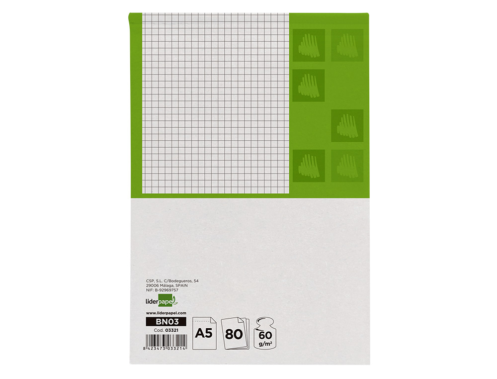 Bloc notas liderpapel cuadro 4mm a5 80 hojas 60g/m2 perforado