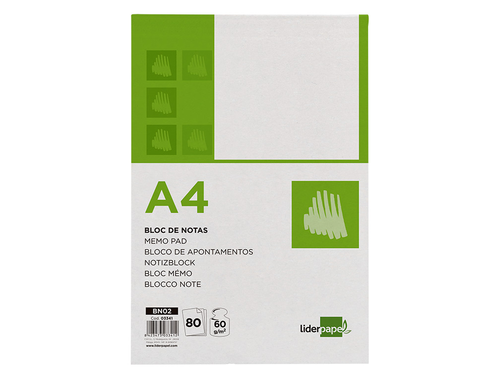 Bloc notas liderpapel liso a4 80 hojas 60g/m2