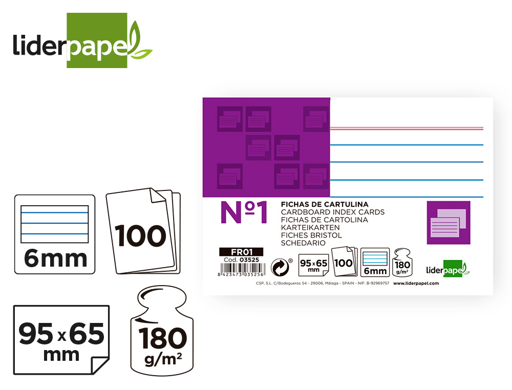 FICHA LIDERPAPEL RAYADA Nº1 65X95 MM 180G/M2 PAQUETE DE 100 UNIDADES