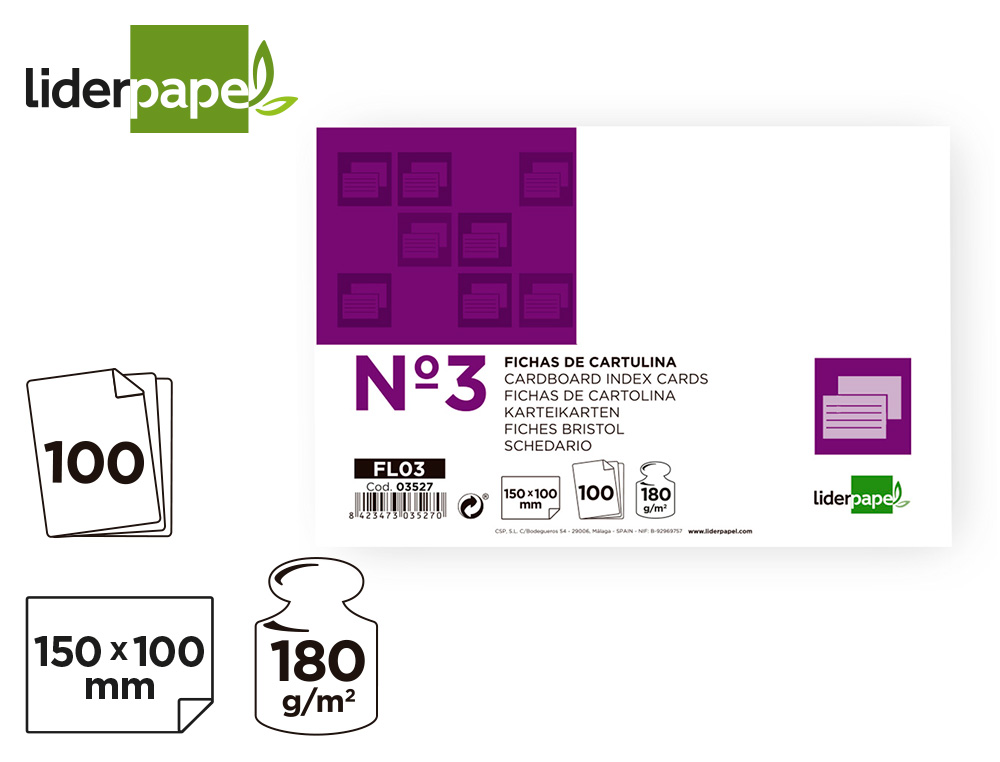 FICHA LIDERPAPEL LISA Nº3 100X150MM PAQUETE DE 100 180G